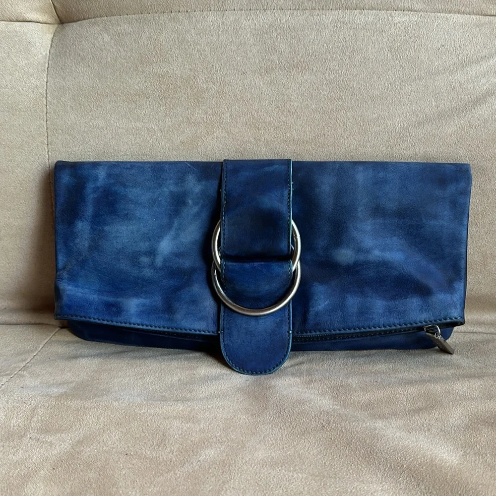 HOBO International MADELINE Soft Blue Leather Foldover Clutch Bag w/ Buckle